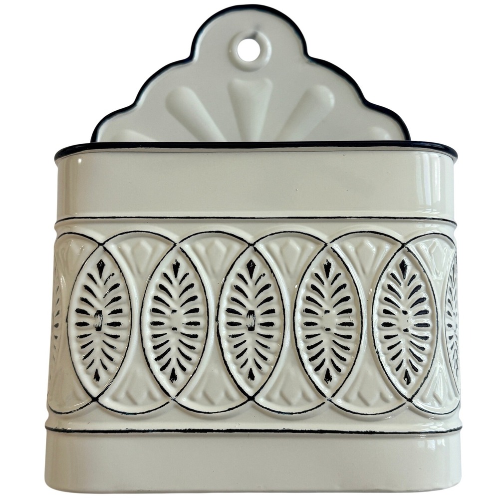 The Spring Shop Jumbo Metal Wall Pocket Embossed Farmhouse Cream Black 10.6x8in
